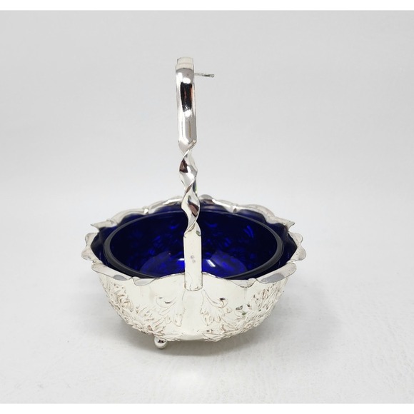 Mayell Silverplated Basket and Spoon w Cobalt Blue Glass Jam Relish Bowl England - Picture 5 of 16